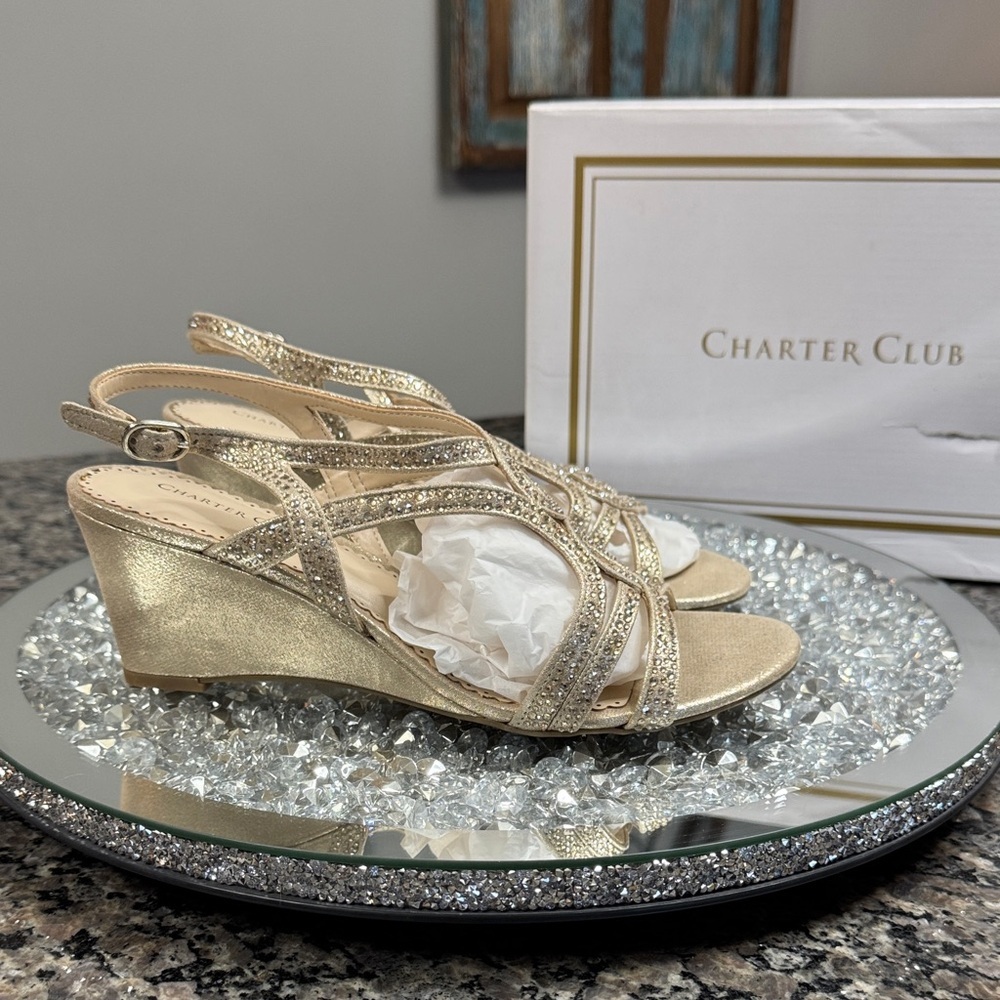 Charter Club Kelseh Glittering Gold Wedge Sandals NEW 8.5